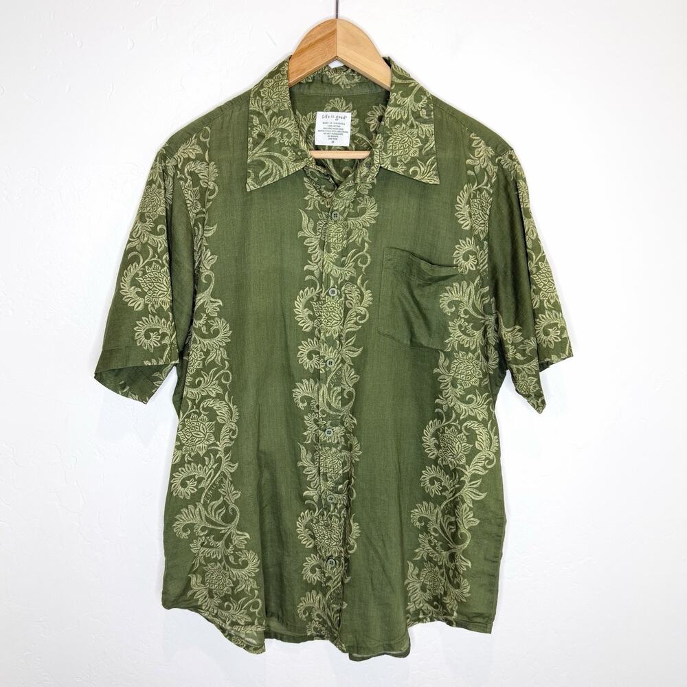 Life Is Good Asia Cotton Lightweight Button Up Shirt Men’s Medium Green Tribal